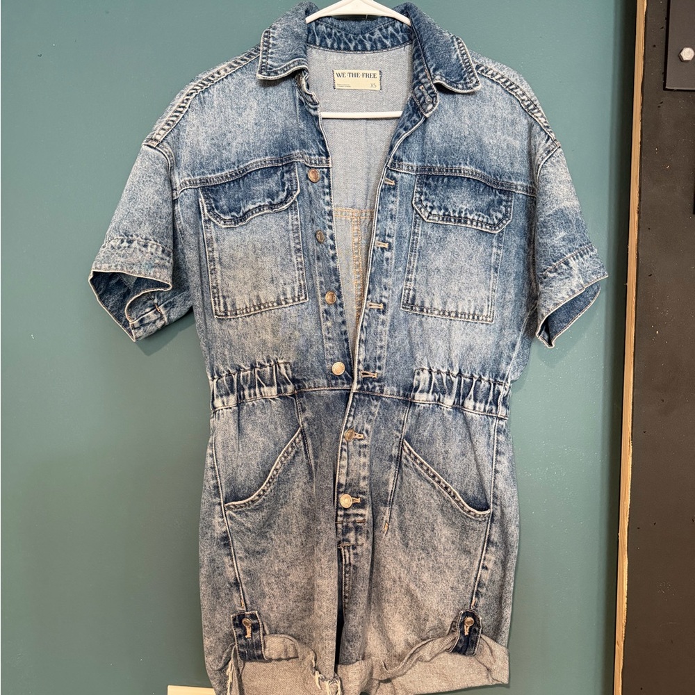 We The Free Acid Wash Denim Short Sleeve Romper - Light Blue